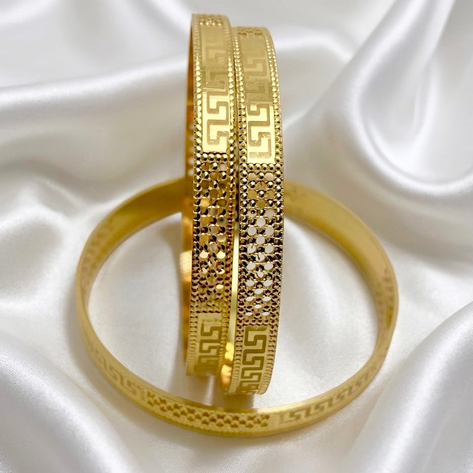Premium Turkish Gold Mesh Bangles with Greek Pattern – Micro-Plated Luxury Finish