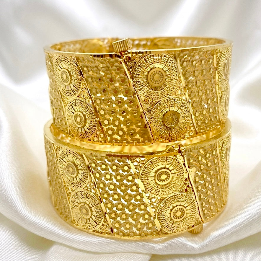 Premium Turkish Gold Floral Mesh Bangle Pair with Intricate Medallion Work