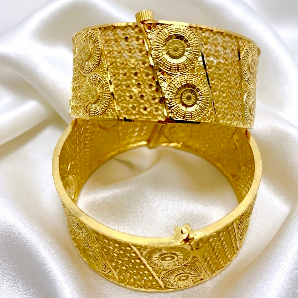 Premium Turkish Gold Floral Mesh Bangle Pair with Intricate Medallion Work