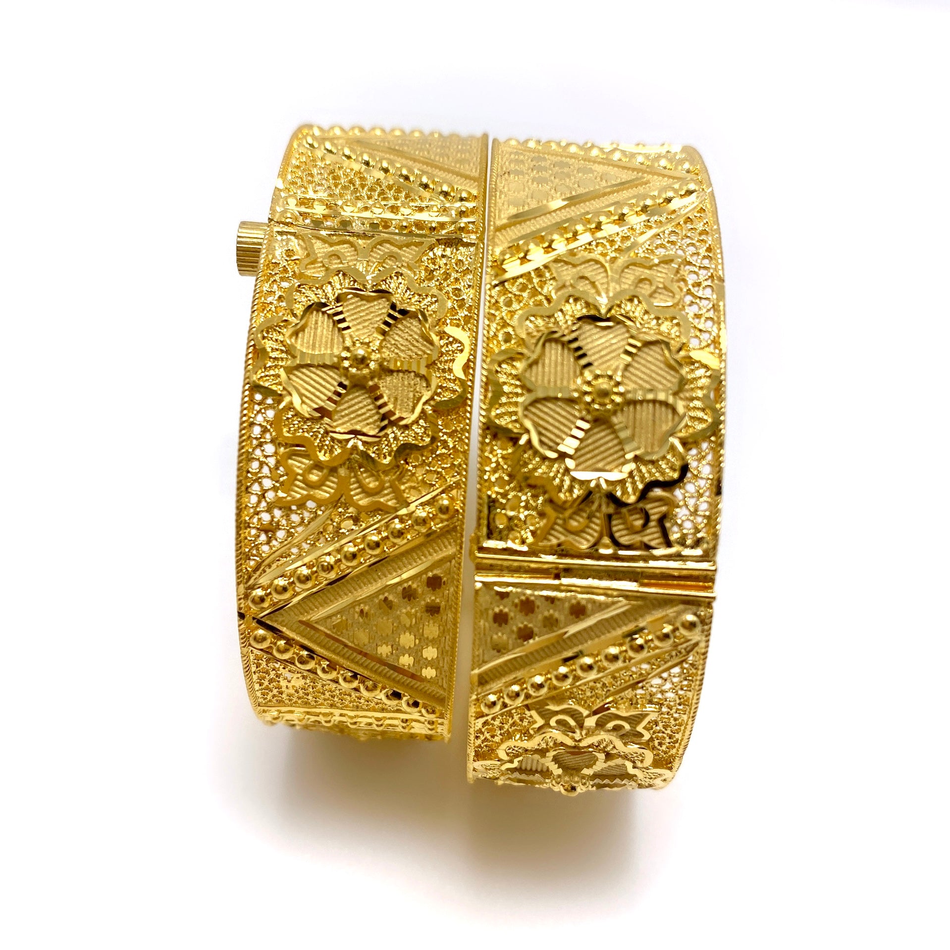 Luxury Turkish Gold Mesh Bangle Pair with Floral Motif Detailing