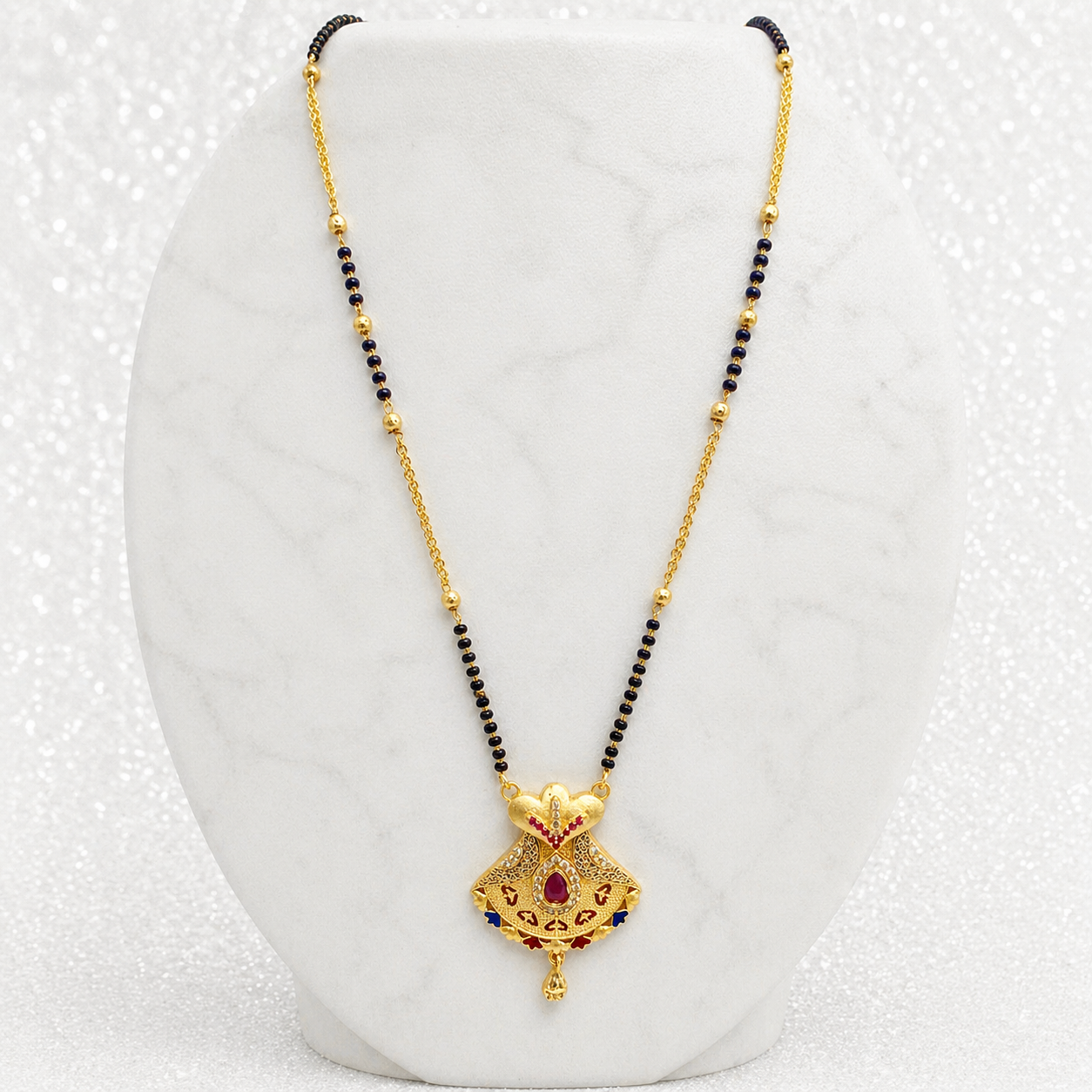 Anti-Tarnish 18K Gold Plated Ruby & AD Meenakari Mangalsutra with Black Bead Chain