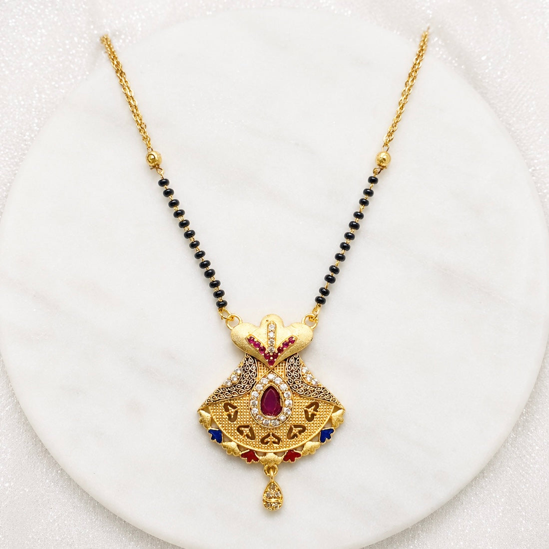 Anti-Tarnish 18K Gold Plated Ruby & AD Meenakari Mangalsutra with Black Bead Chain