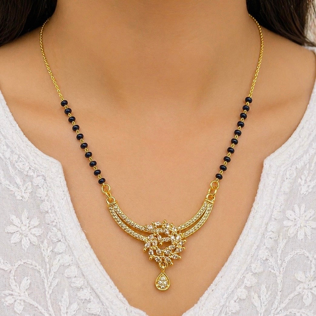 Elegant Curved AD Mangalsutra Pendant – 18K Gold Plated