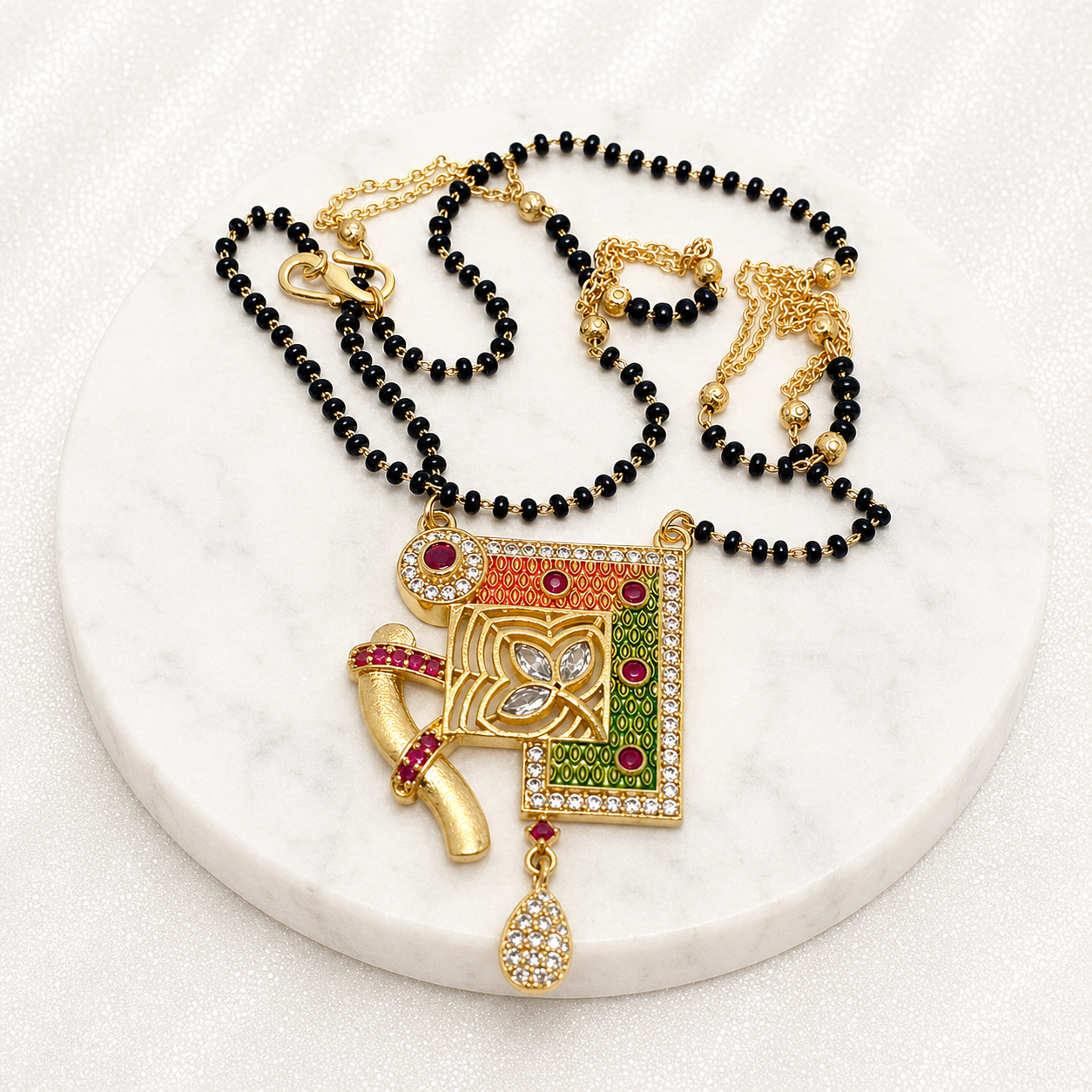Anti-Tarnish 18K Gold Plated Meenakari Mangalsutra Pendant with AD Stones