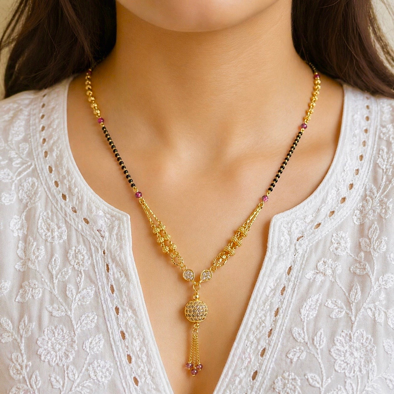 Anti-Tarnish 18K Gold Plated AD & Ruby Designer Mangalsutra Pendant