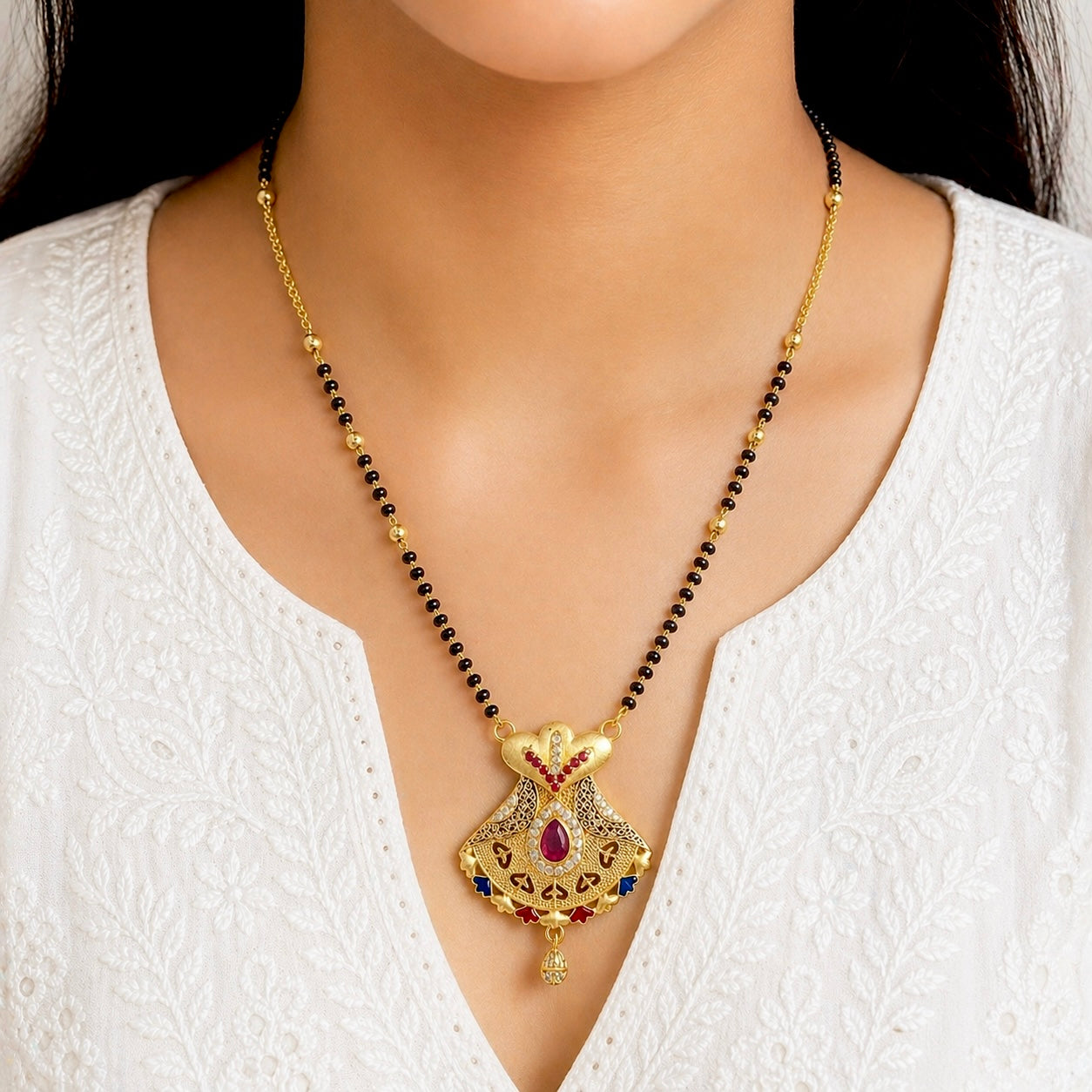 Anti-Tarnish 18K Gold Plated Ruby & AD Meenakari Mangalsutra with Black Bead Chain