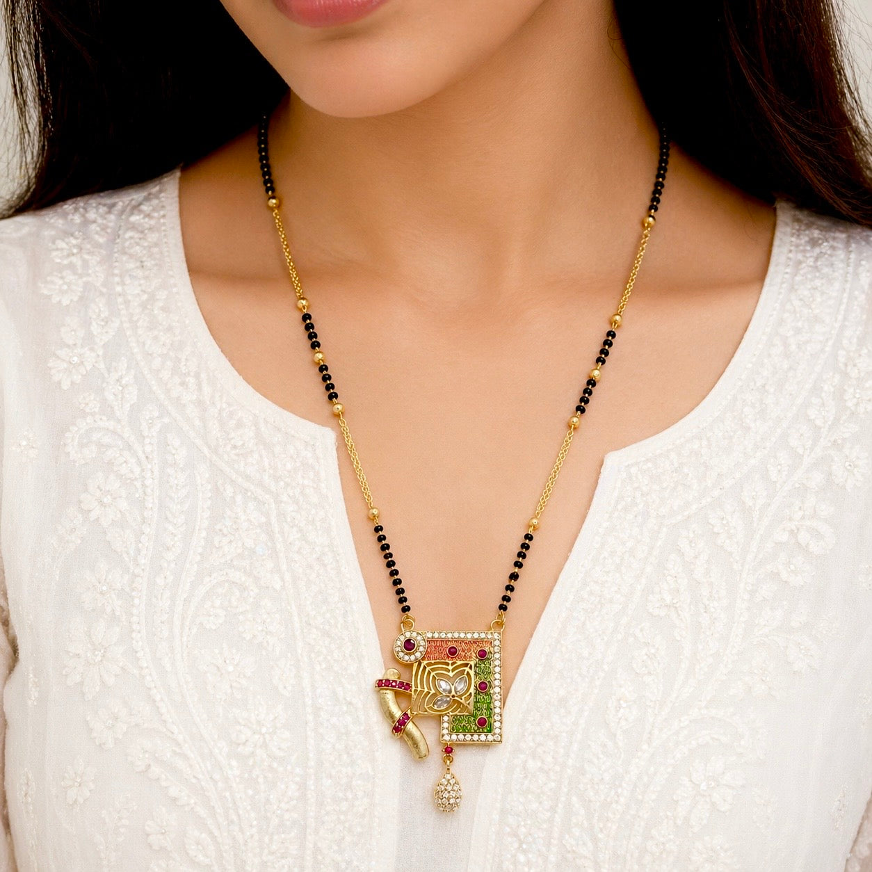 Anti-Tarnish 18K Gold Plated Meenakari Mangalsutra Pendant with AD & Ruby Stones