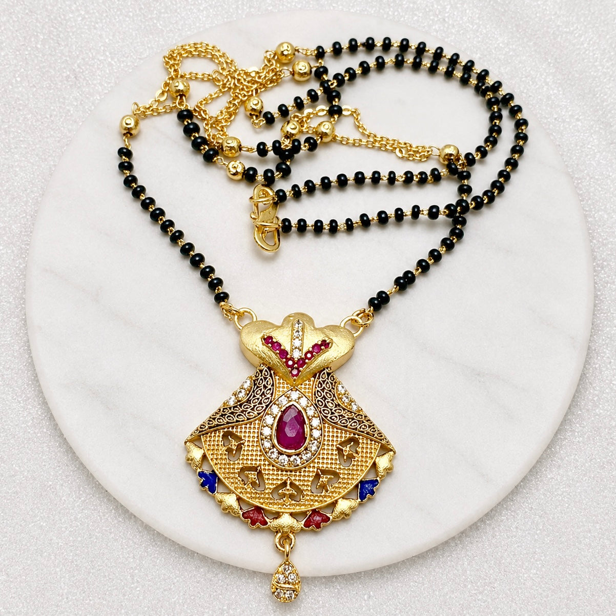 Anti-Tarnish 18K Gold Plated Ruby & AD Meenakari Mangalsutra with Black Bead Chain