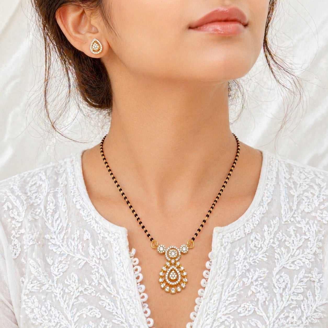 Anti-Tarnish 18K Gold plated AD Mangalsutra Pendant Set with Matching Stud Earrings