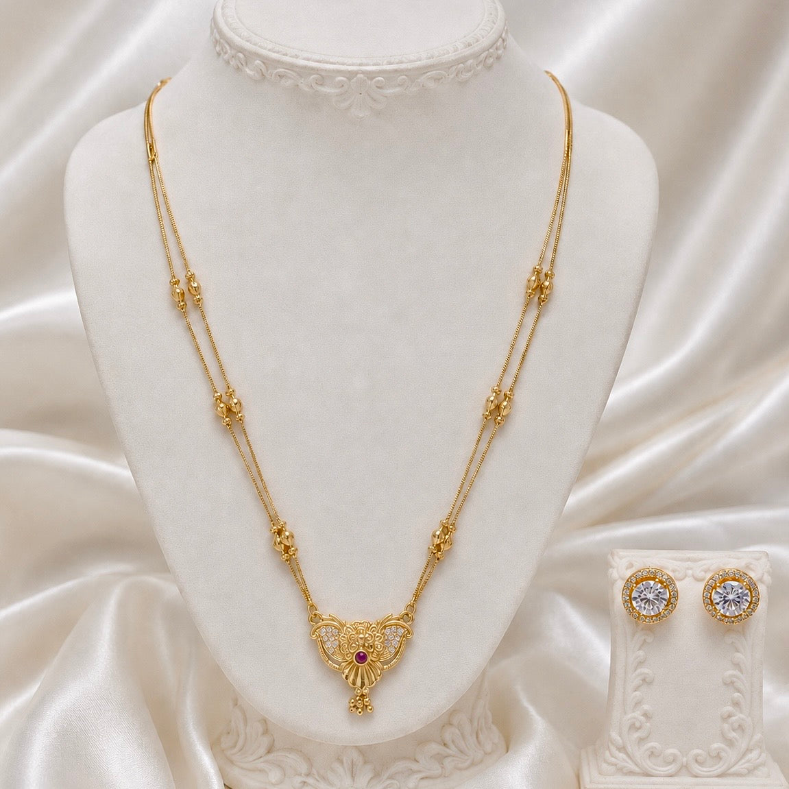Luxury Micro Gold Plated AD Stone Necklace Set | Premium Crystal Cut Studded Jewellery Set