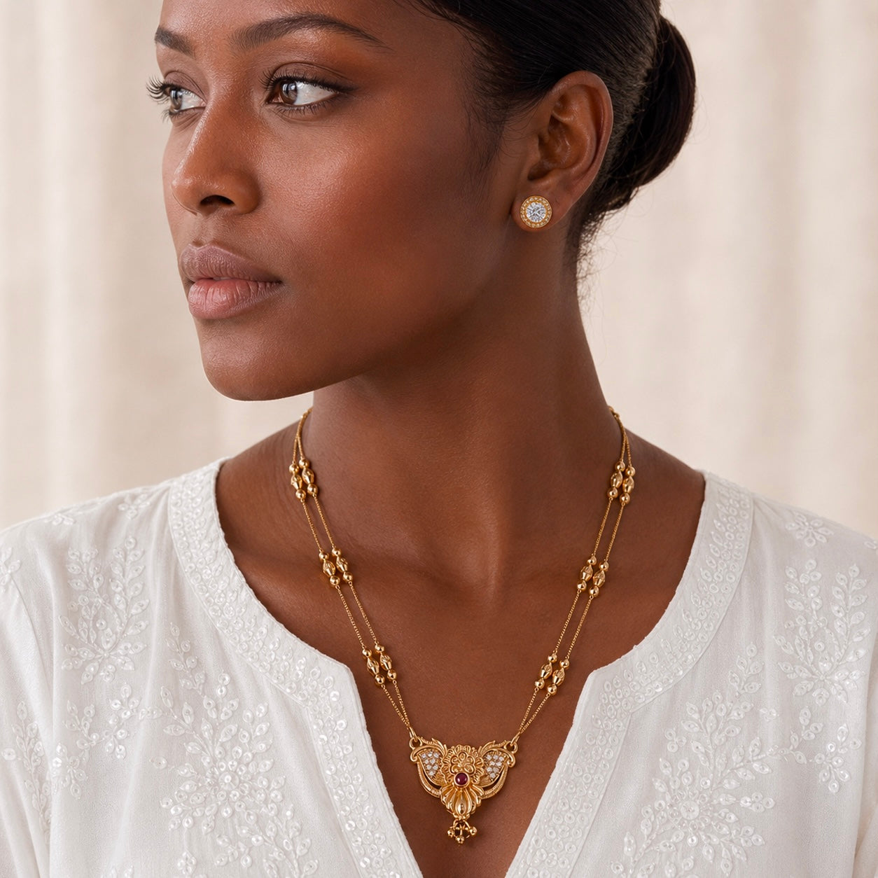 Luxury Micro Gold Plated AD Stone Necklace Set | Premium Crystal Cut Studded Jewellery Set