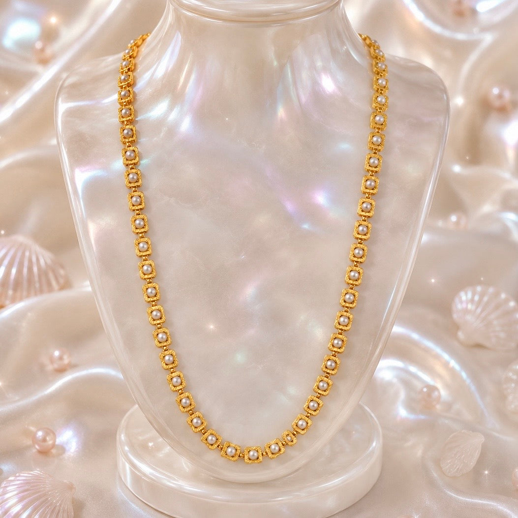 Microplated Gold Square Pearl Neck Chain | Handcrafted Jewellery | Lightweight Daily Wear Necklace for Women