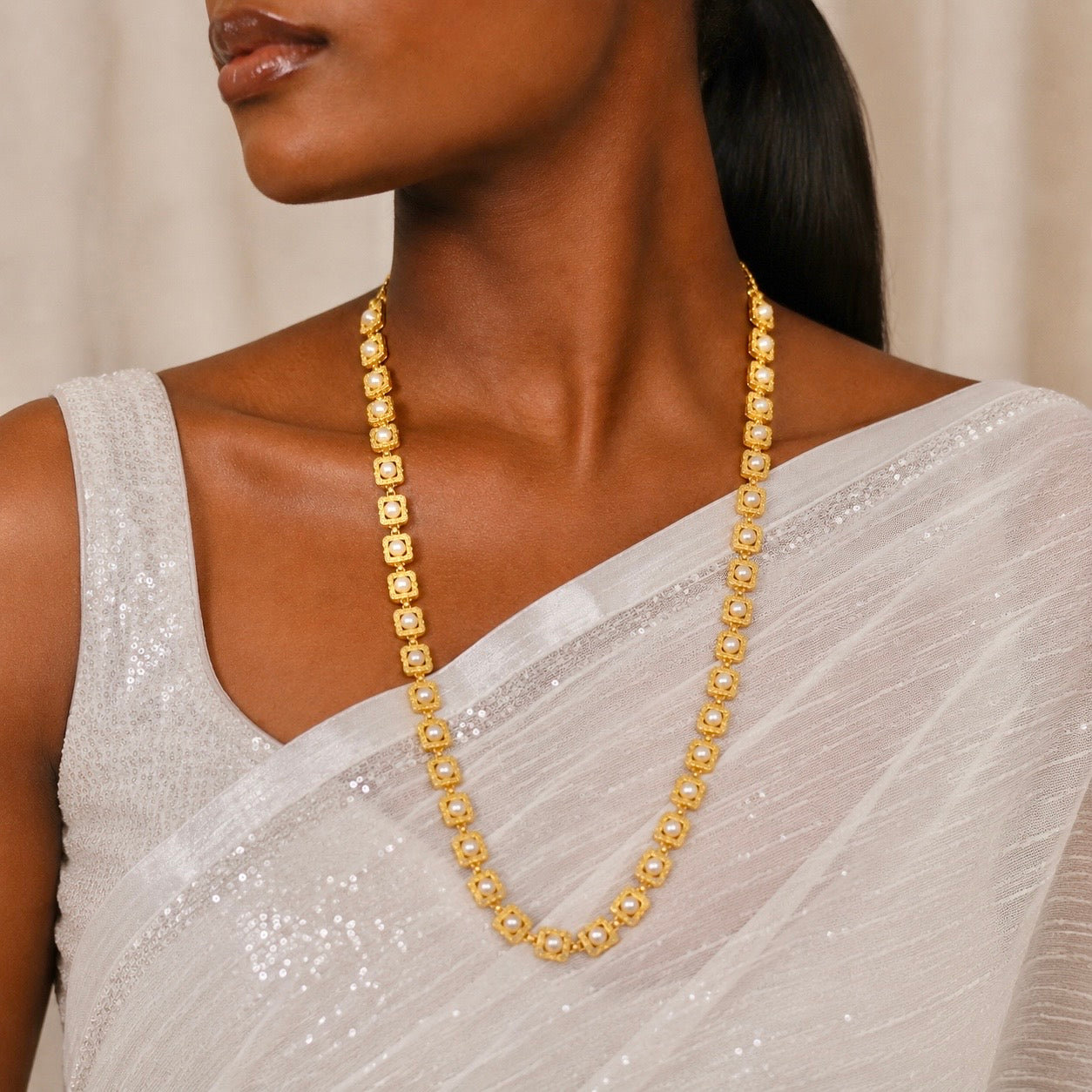 Microplated Gold Square Pearl Neck Chain | Handcrafted Jewellery | Lightweight Daily Wear Necklace for Women