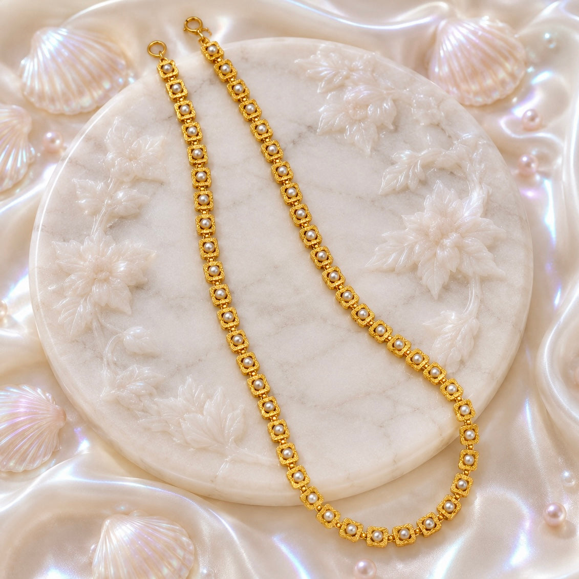 Microplated Gold Square Pearl Neck Chain | Handcrafted Jewellery | Lightweight Daily Wear Necklace for Women