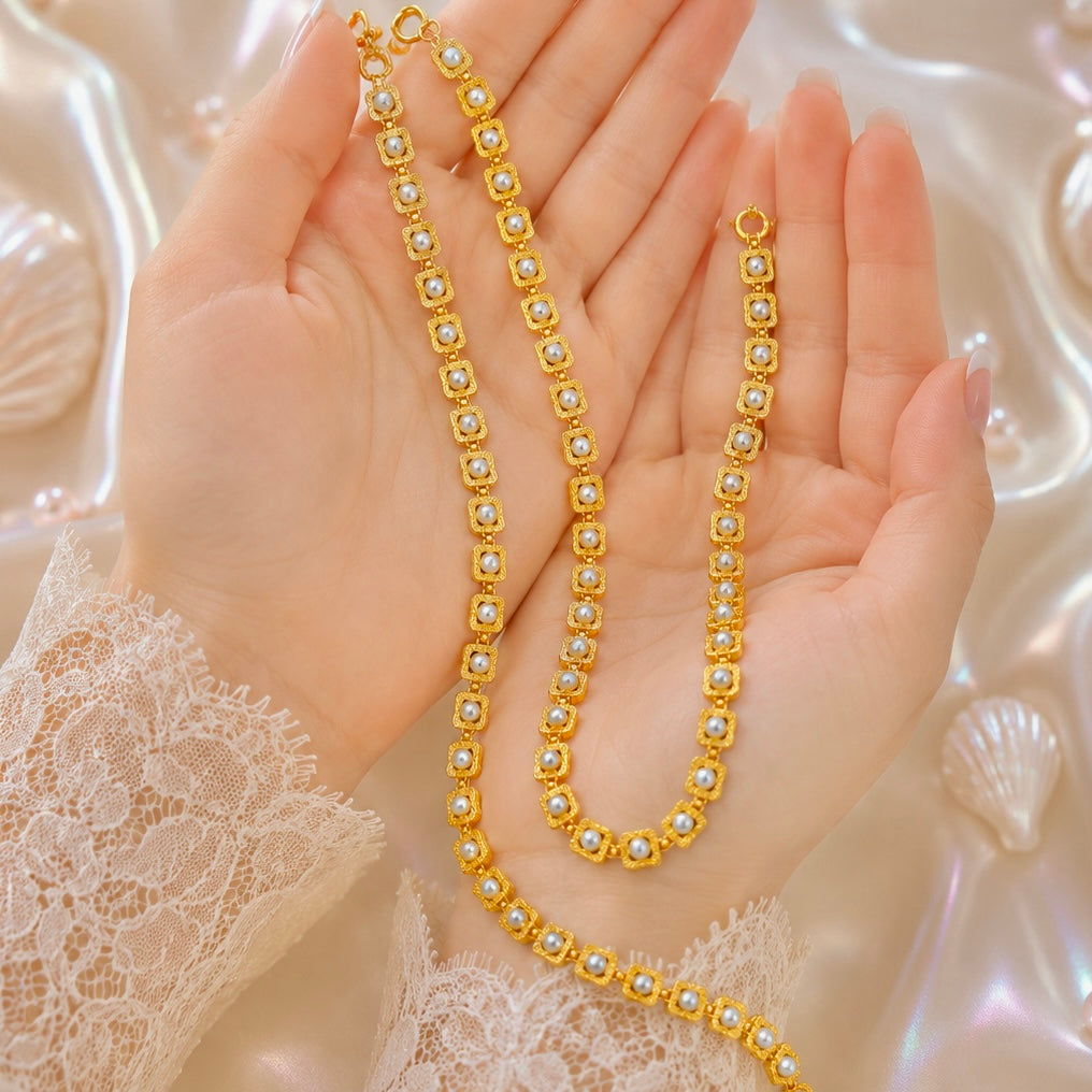 Microplated Gold Square Pearl Neck Chain | Handcrafted Jewellery | Lightweight Daily Wear Necklace for Women