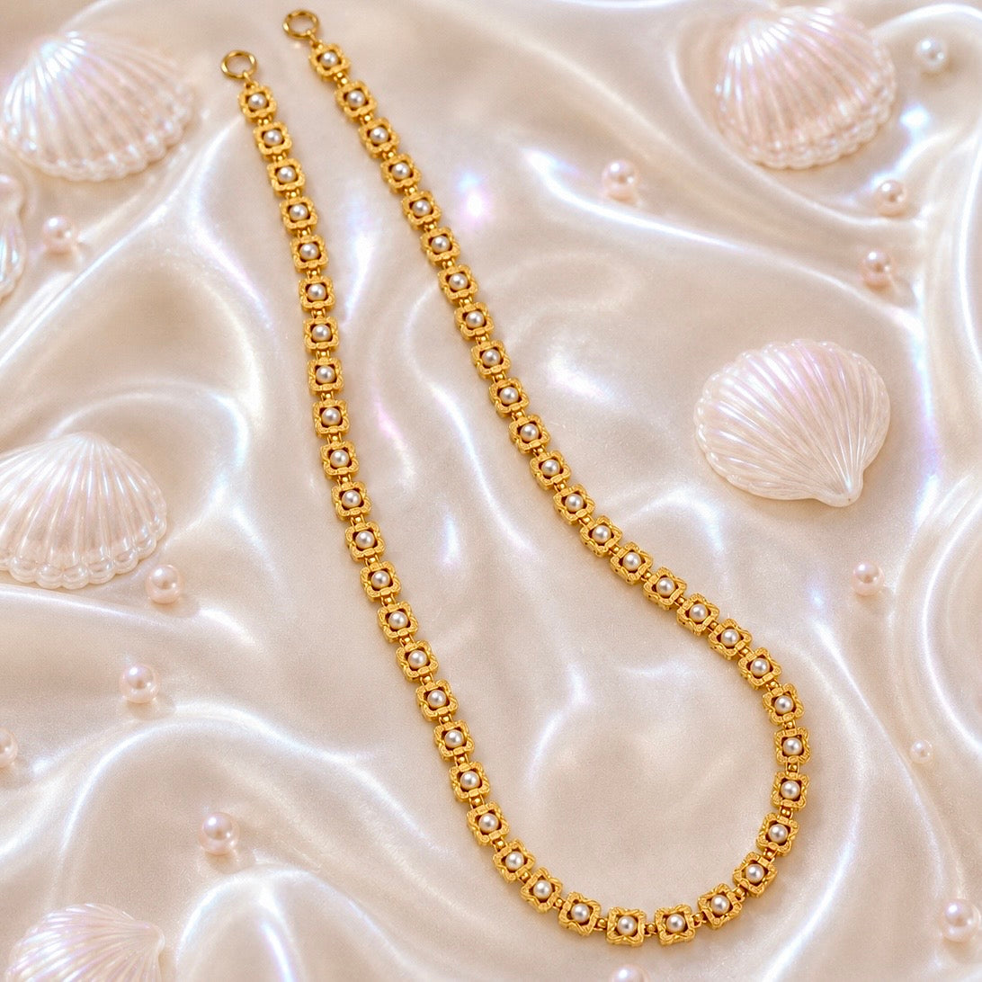 Microplated Gold Square Pearl Neck Chain | Handcrafted Jewellery | Lightweight Daily Wear Necklace for Women