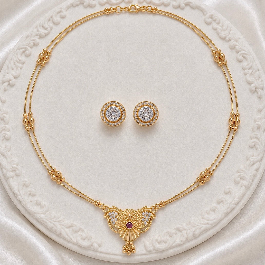 Luxury Micro Gold Plated AD Stone Necklace Set | Premium Crystal Cut Studded Jewellery Set