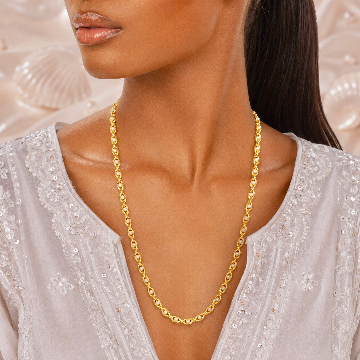 Microplated Gold Pearl Floral Neck Chain | Handcrafted Jewellery | Lightweight Daily Wear Necklace for Women