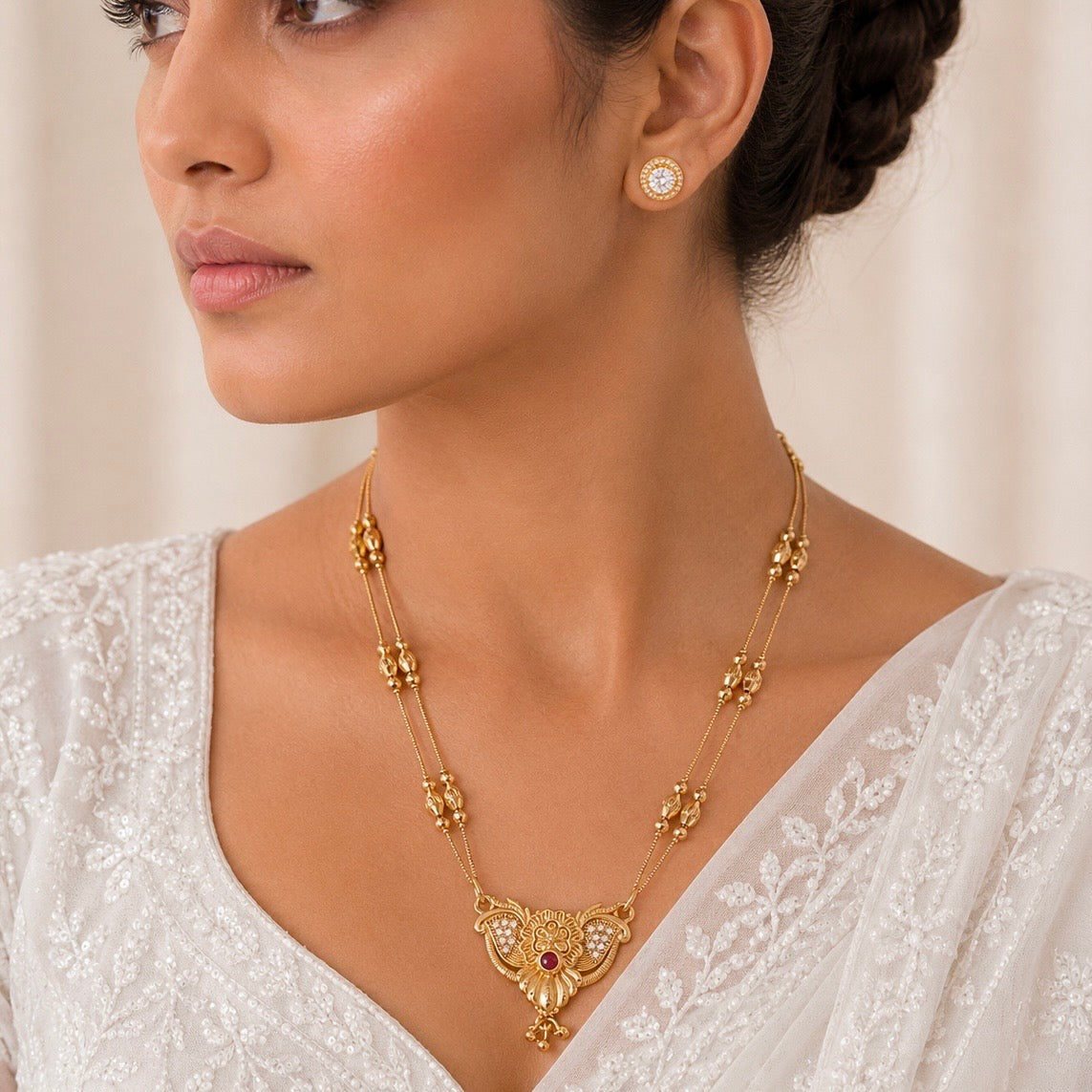Luxury Micro Gold Plated AD Stone Necklace Set | Premium Crystal Cut Studded Jewellery Set