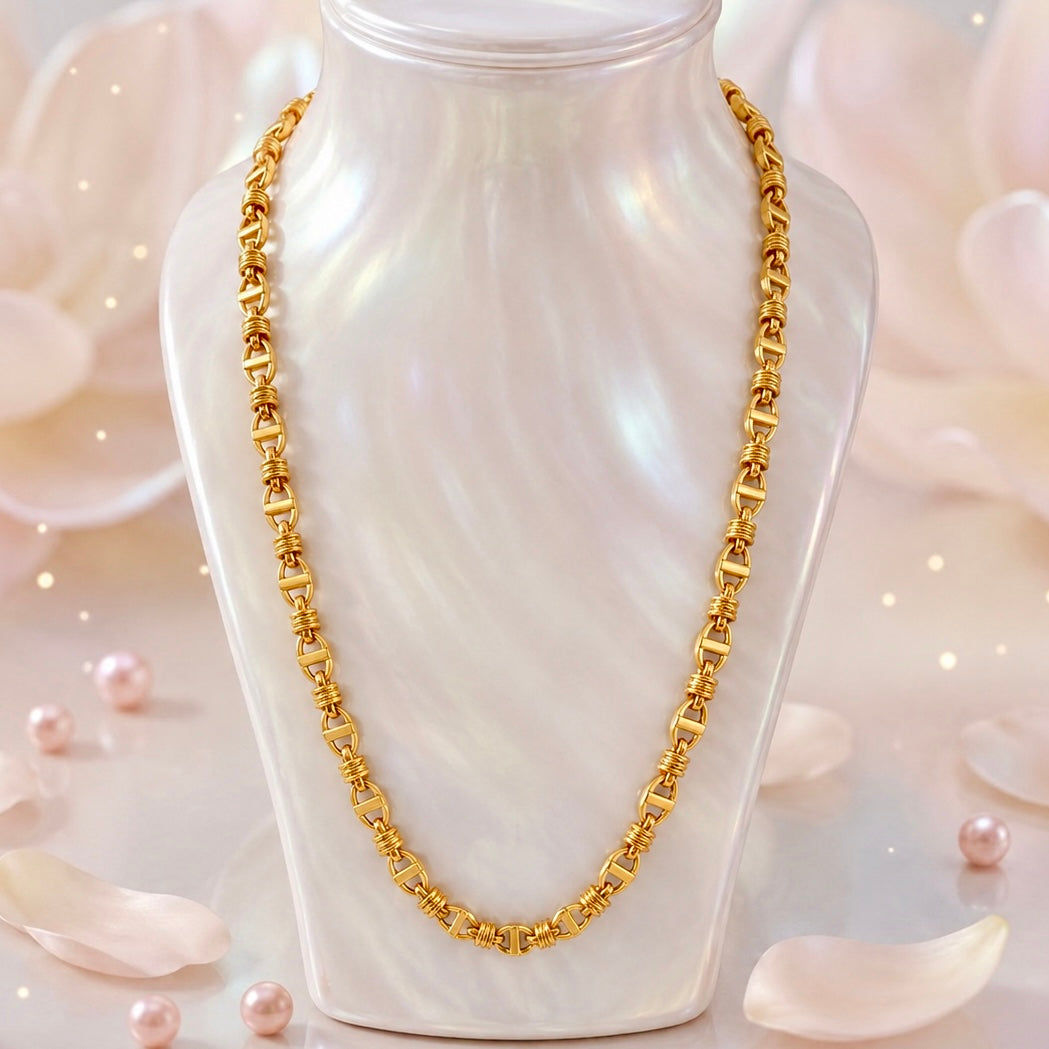 Microplated Gold Anchor Bar Link Neck Chain | Handcrafted Coiled Connector Jewellery | Lightweight Daily Wear Necklace for Women