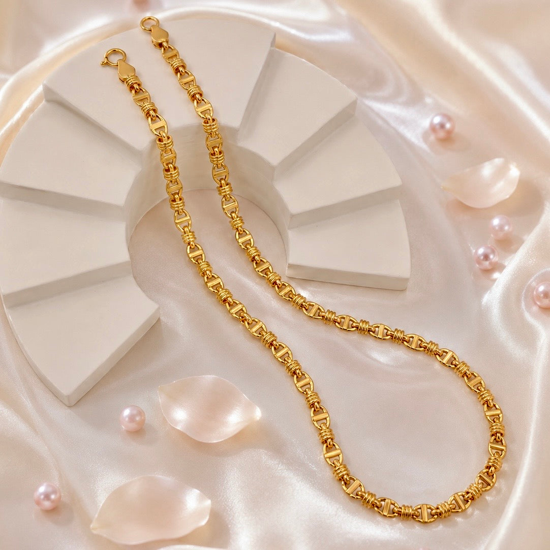 Microplated Gold Anchor Bar Link Neck Chain | Handcrafted Coiled Connector Jewellery | Lightweight Daily Wear Necklace for Women
