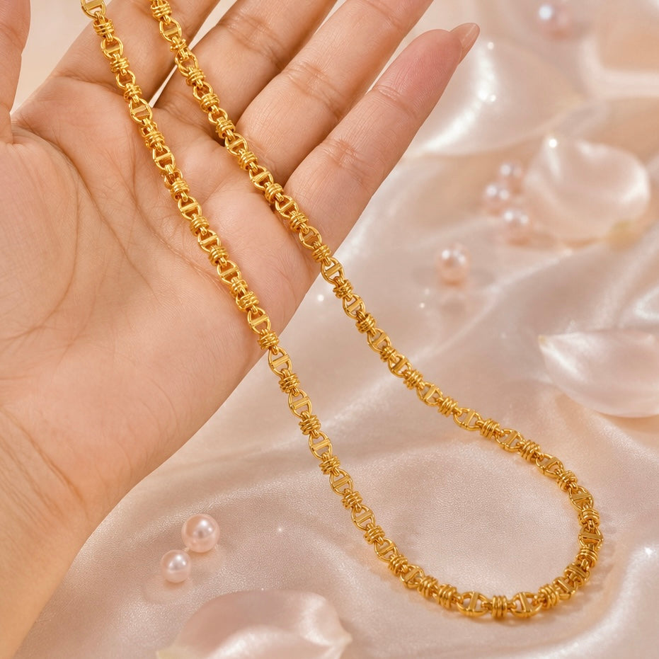 Microplated Gold Anchor Bar Link Neck Chain | Handcrafted Coiled Connector Jewellery | Lightweight Daily Wear Necklace for Women