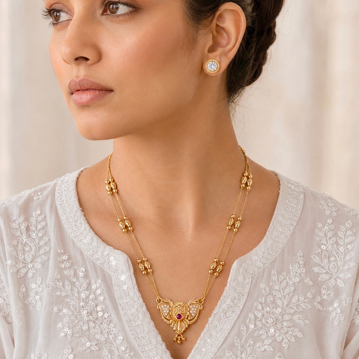 Luxury Micro Gold Plated AD Stone Necklace Set | Premium Crystal Cut Studded Jewellery Set