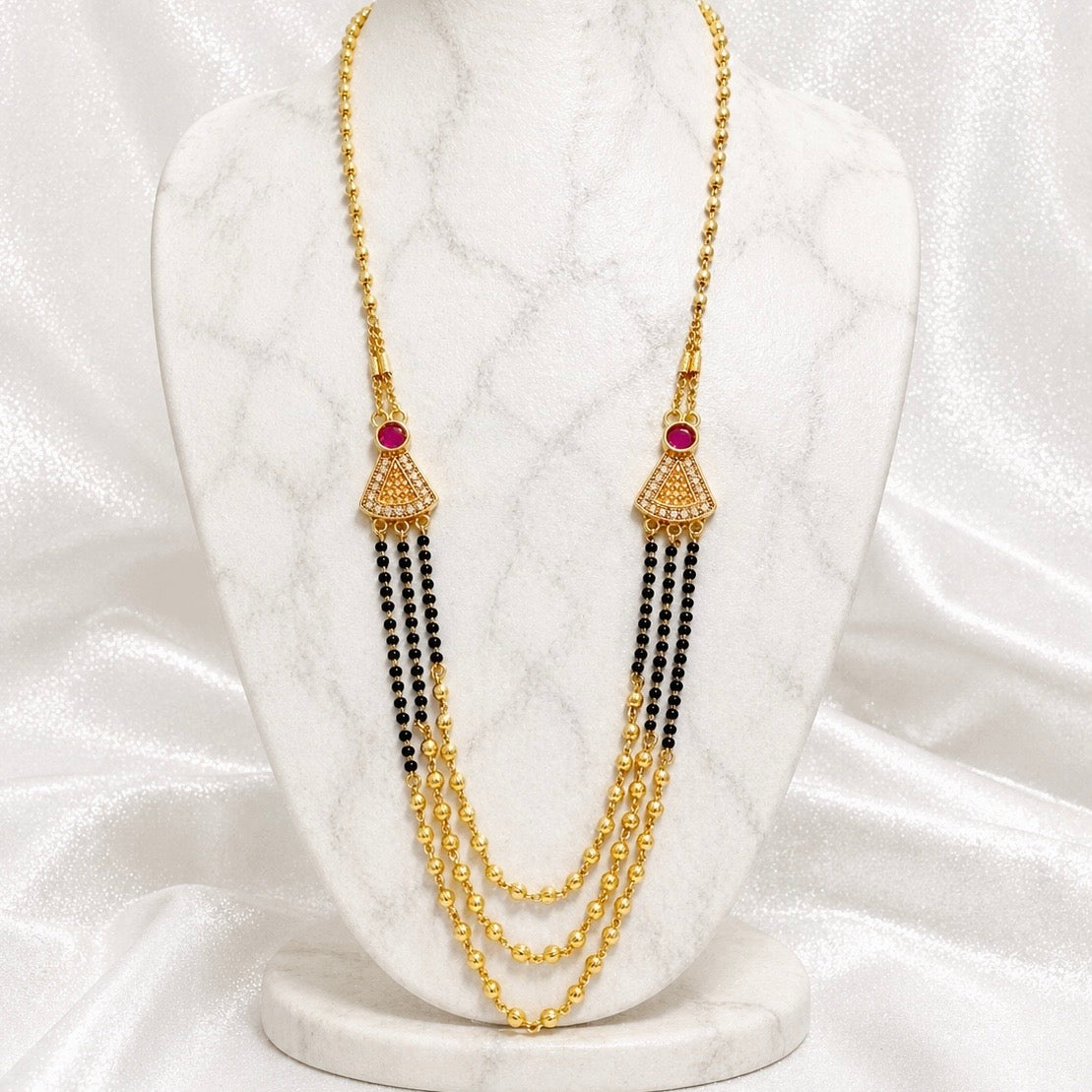 Anti-Tarnish 18K Gold Plated Layered AD & Ruby Mangalsutra with Black & Gold Beads