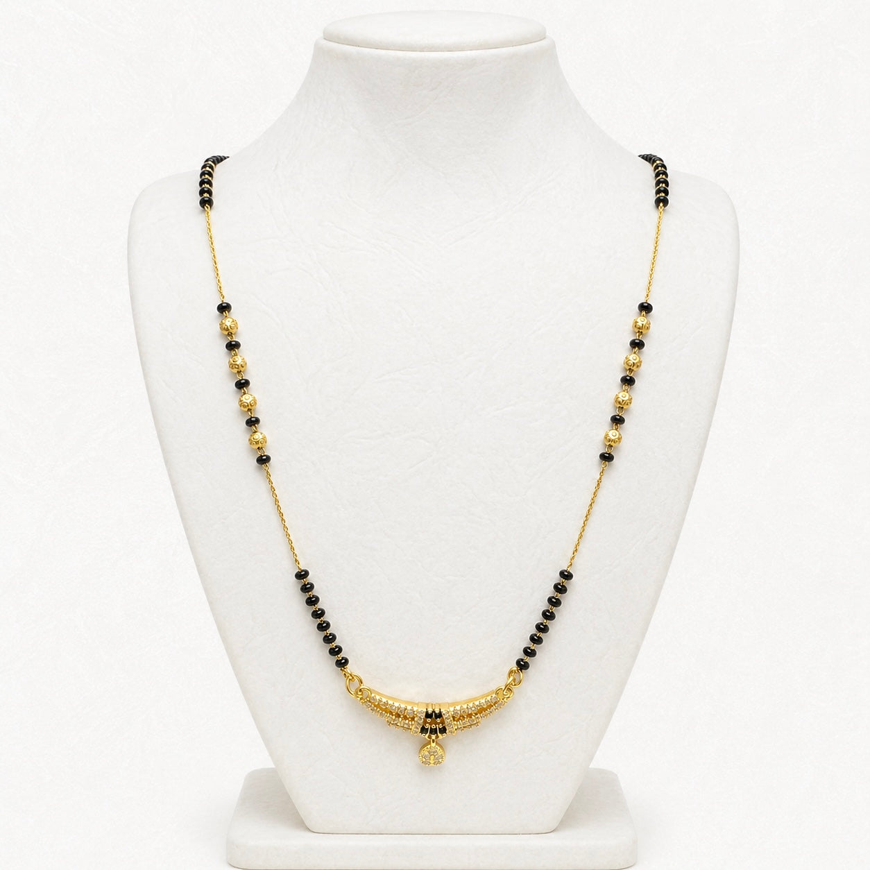 Premium Curved 18K Gold Plated AD Anti-Tarnish Mangalsutra Pendant with Black Stone Accents