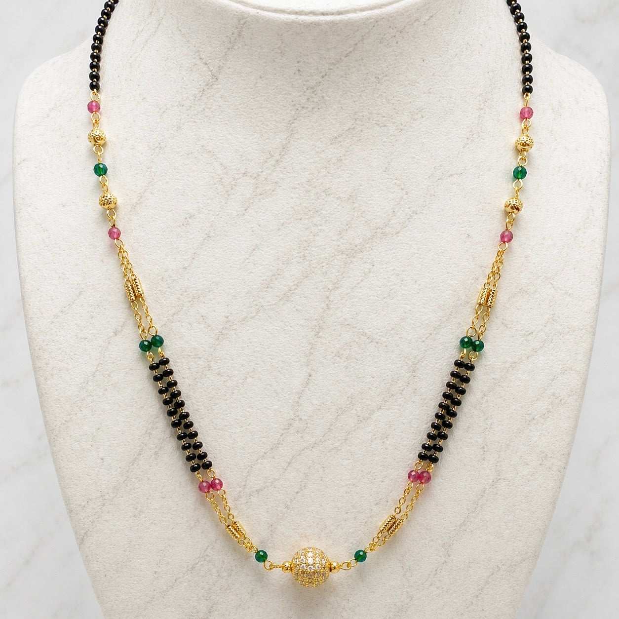Anti-Tarnish 18K Gold Plated AD & Ruby Mangalsutra with Black & Gold Beaded Chain