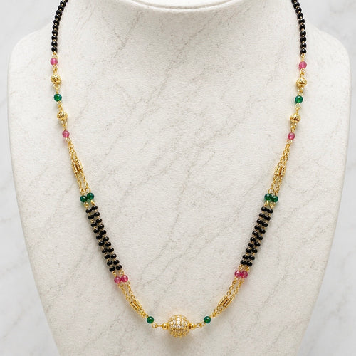 Anti-Tarnish 18K Gold Plated AD & Ruby Mangalsutra with Black & Gold Beaded Chain