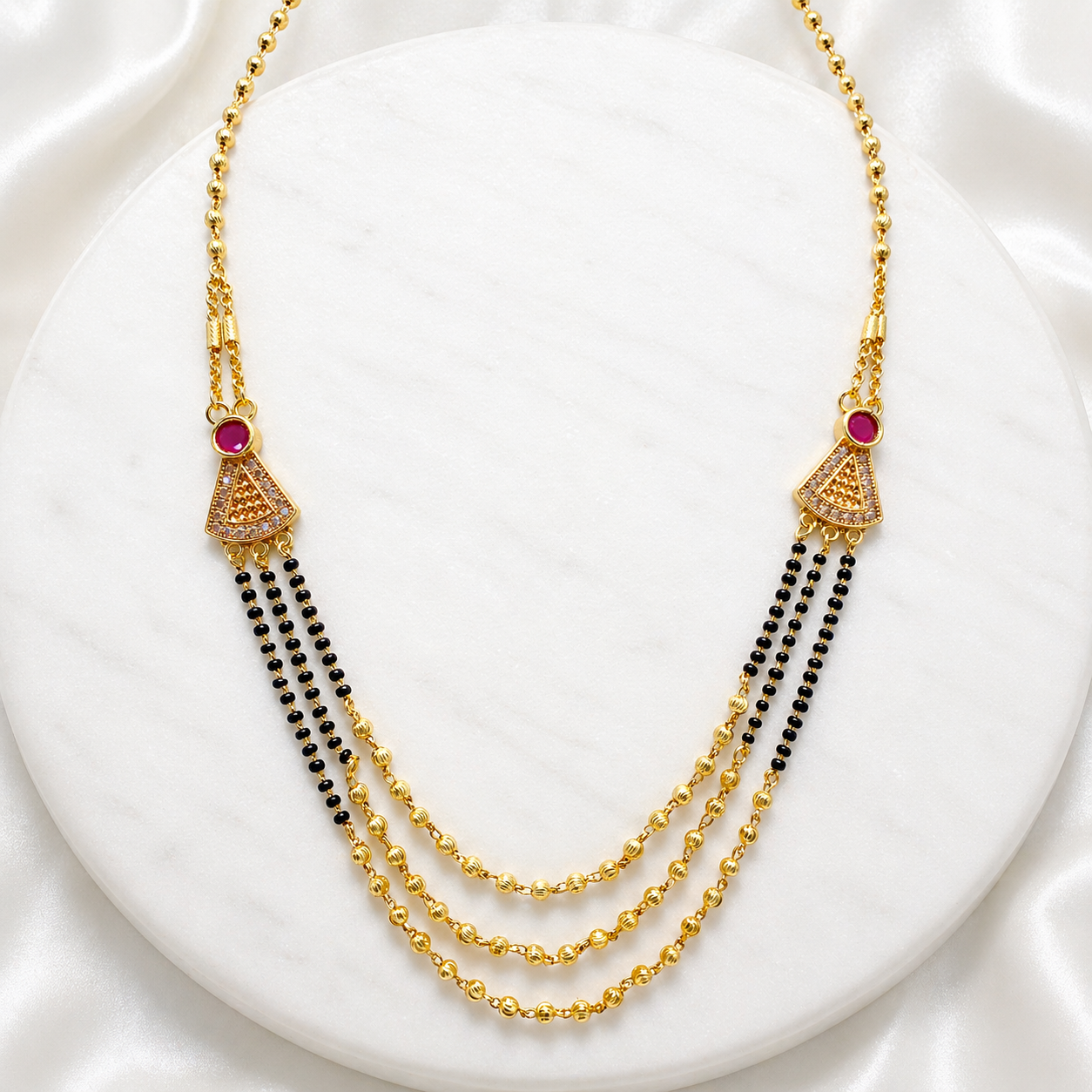 Anti-Tarnish 18K Gold Plated Layered AD & Ruby Mangalsutra with Black & Gold Beads