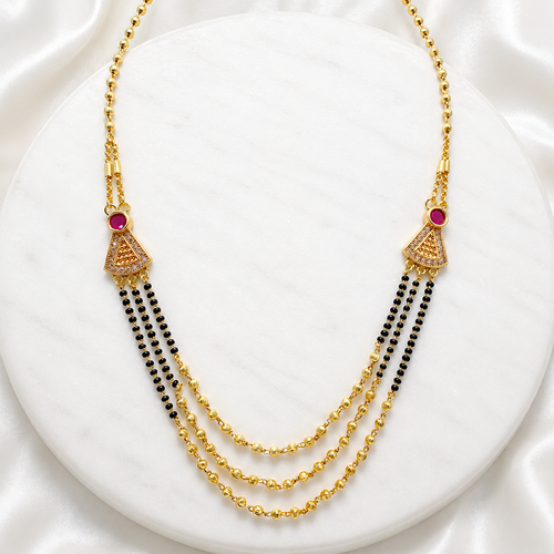 Anti-Tarnish 18K Gold Plated Layered AD & Ruby Mangalsutra with Black & Gold Beads