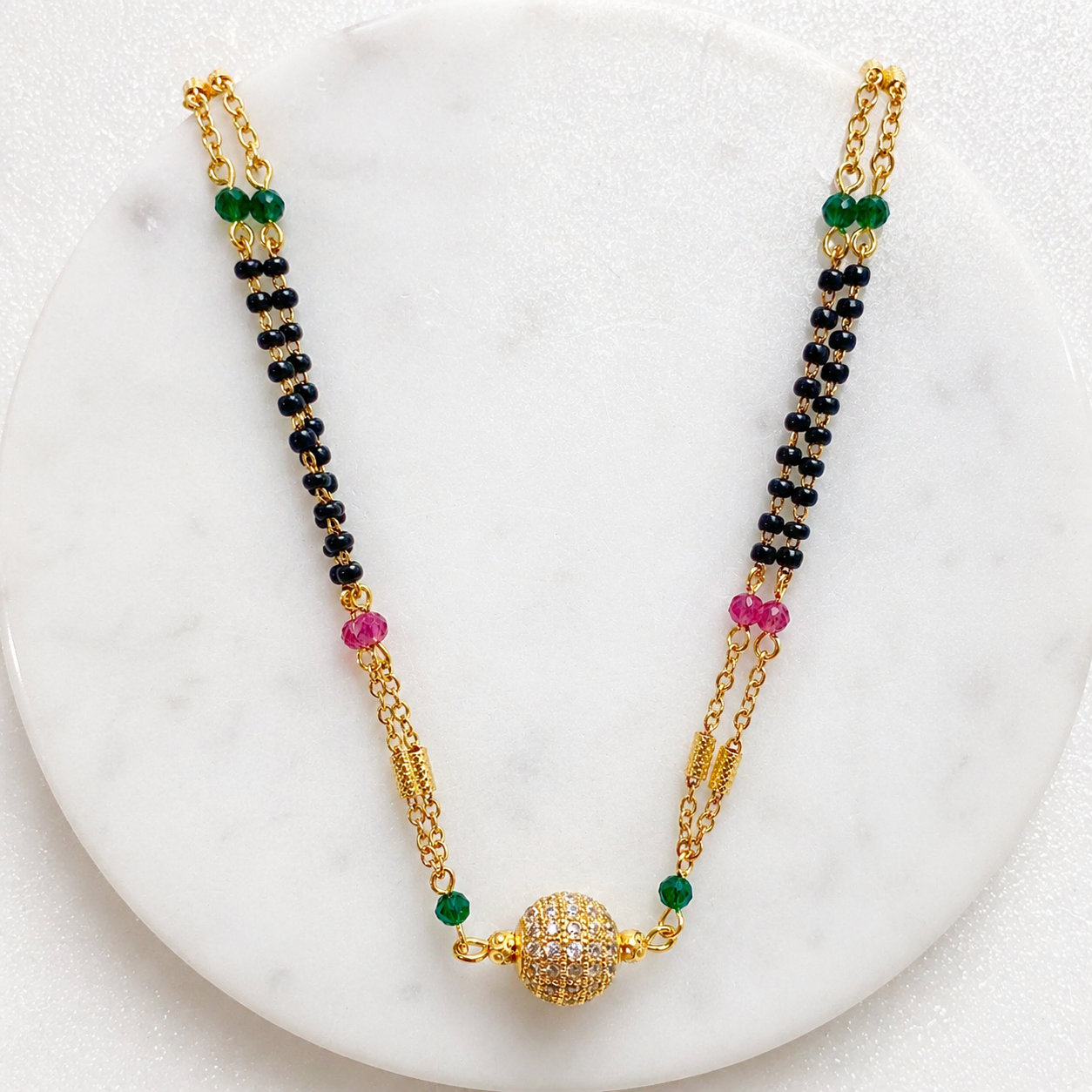 Anti-Tarnish 18K Gold Plated AD & Ruby Mangalsutra with Black & Gold Beaded Chain