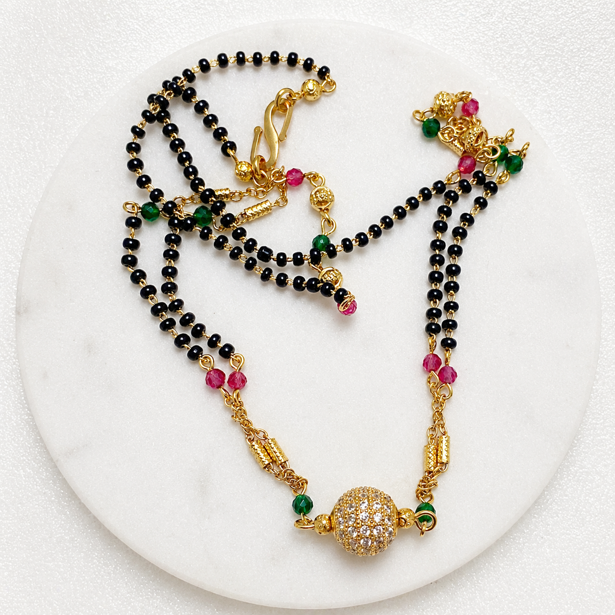 Anti-Tarnish 18K Gold Plated AD & Ruby Mangalsutra with Black & Gold Beaded Chain