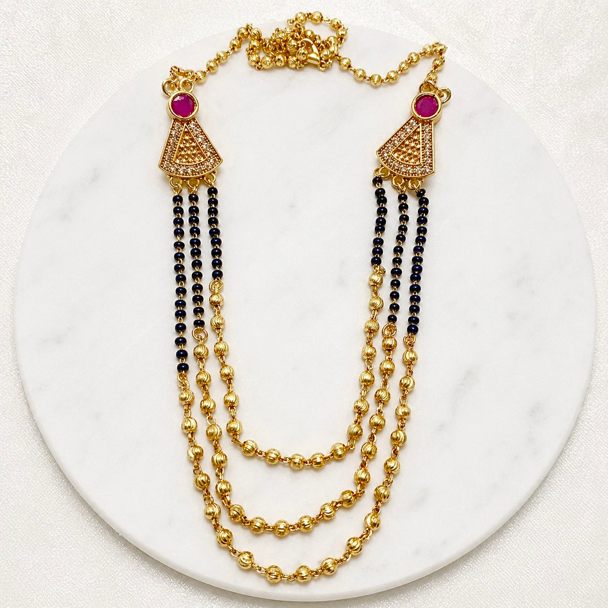 Anti-Tarnish 18K Gold Plated Layered AD & Ruby Mangalsutra with Black & Gold Beads