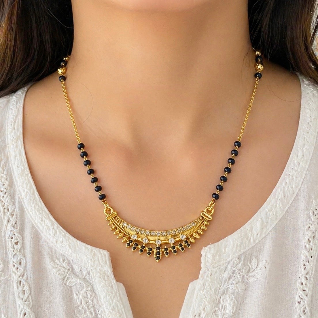 Elegant Carved AD Mangalsutra Pendant – 18K Gold Plated