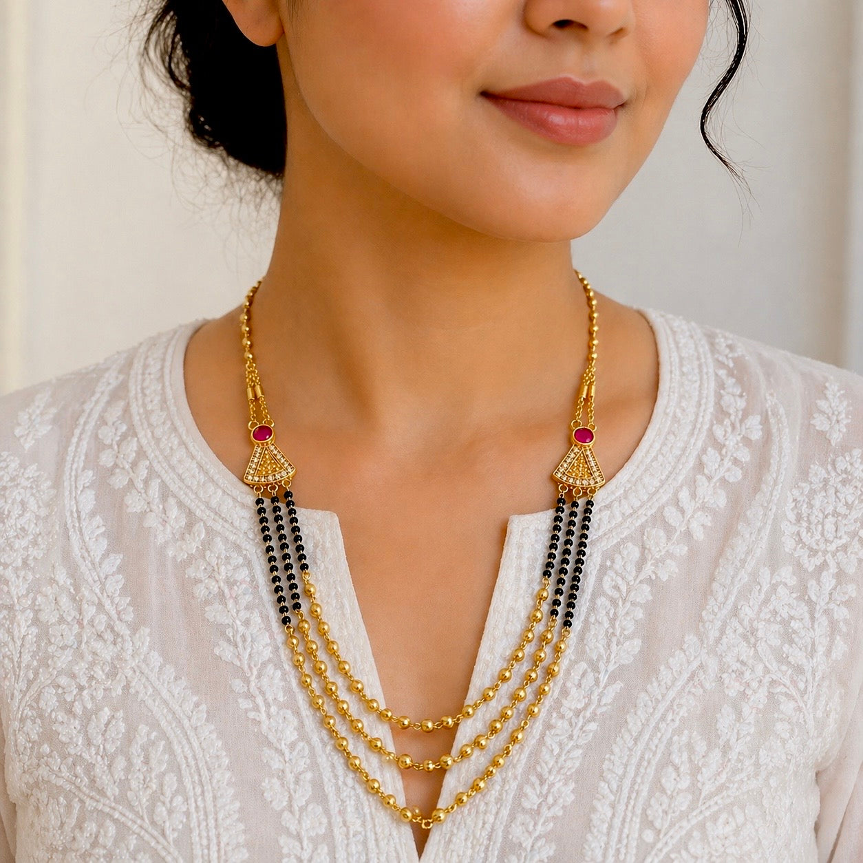 Anti-Tarnish 18K Gold Plated Layered AD & Ruby Mangalsutra with Black & Gold Beads