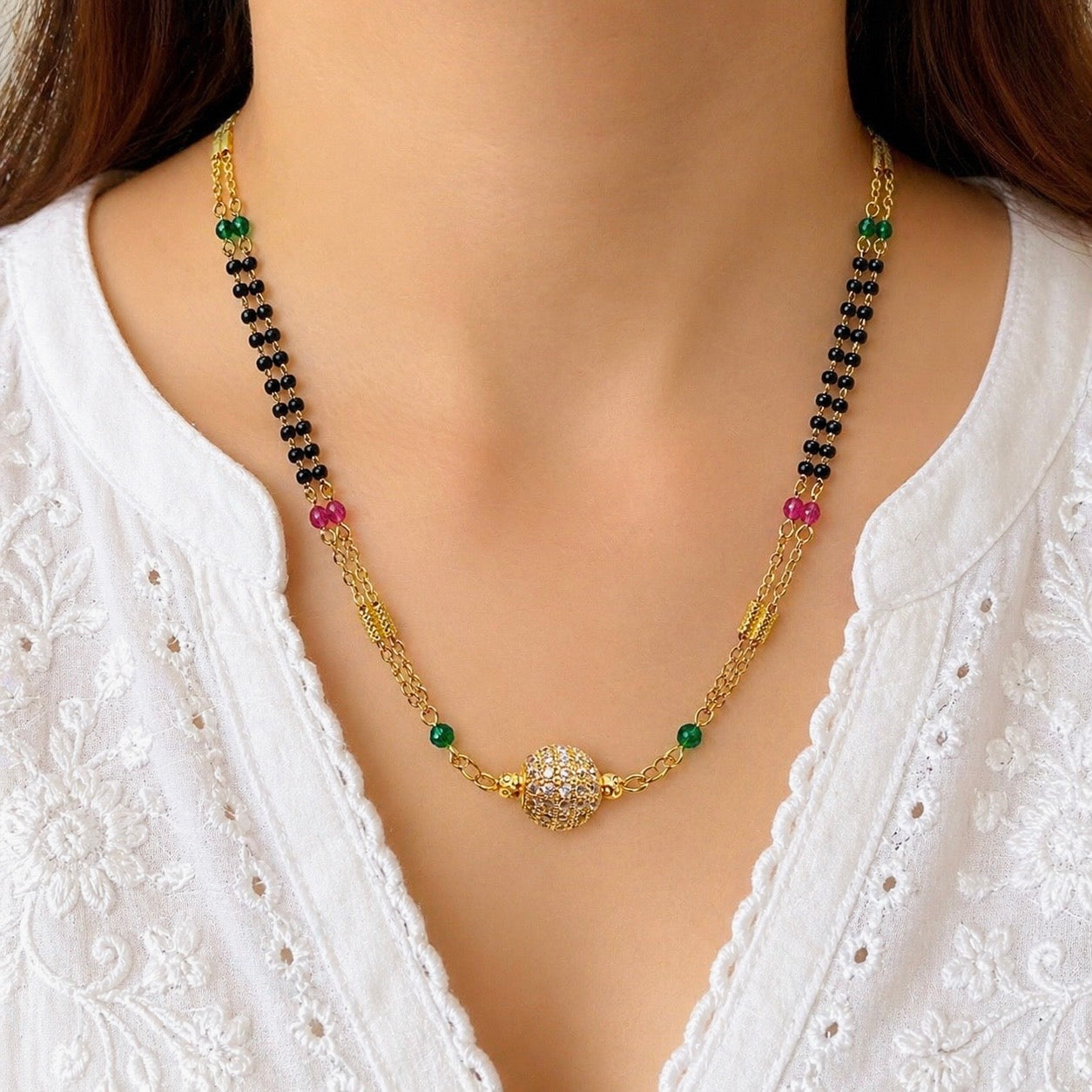 Anti-Tarnish 18K Gold Plated AD & Ruby Mangalsutra with Black & Gold Beaded Chain