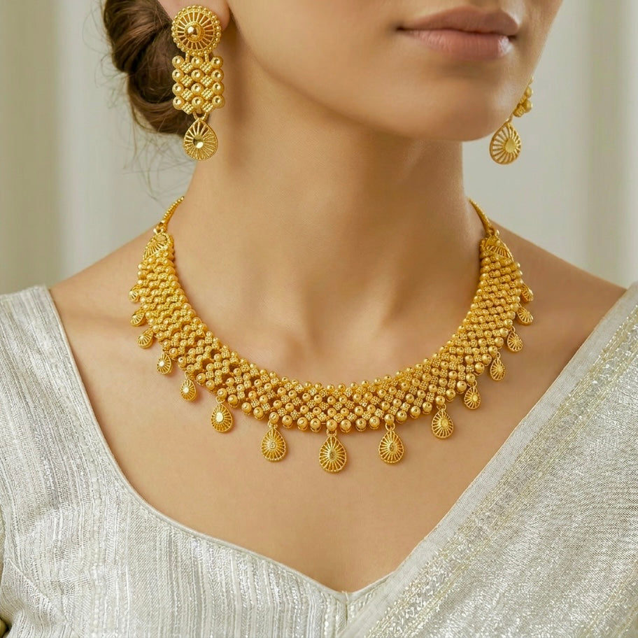 Micro Plated Dubai Gold beaded necklace with hanging drops set