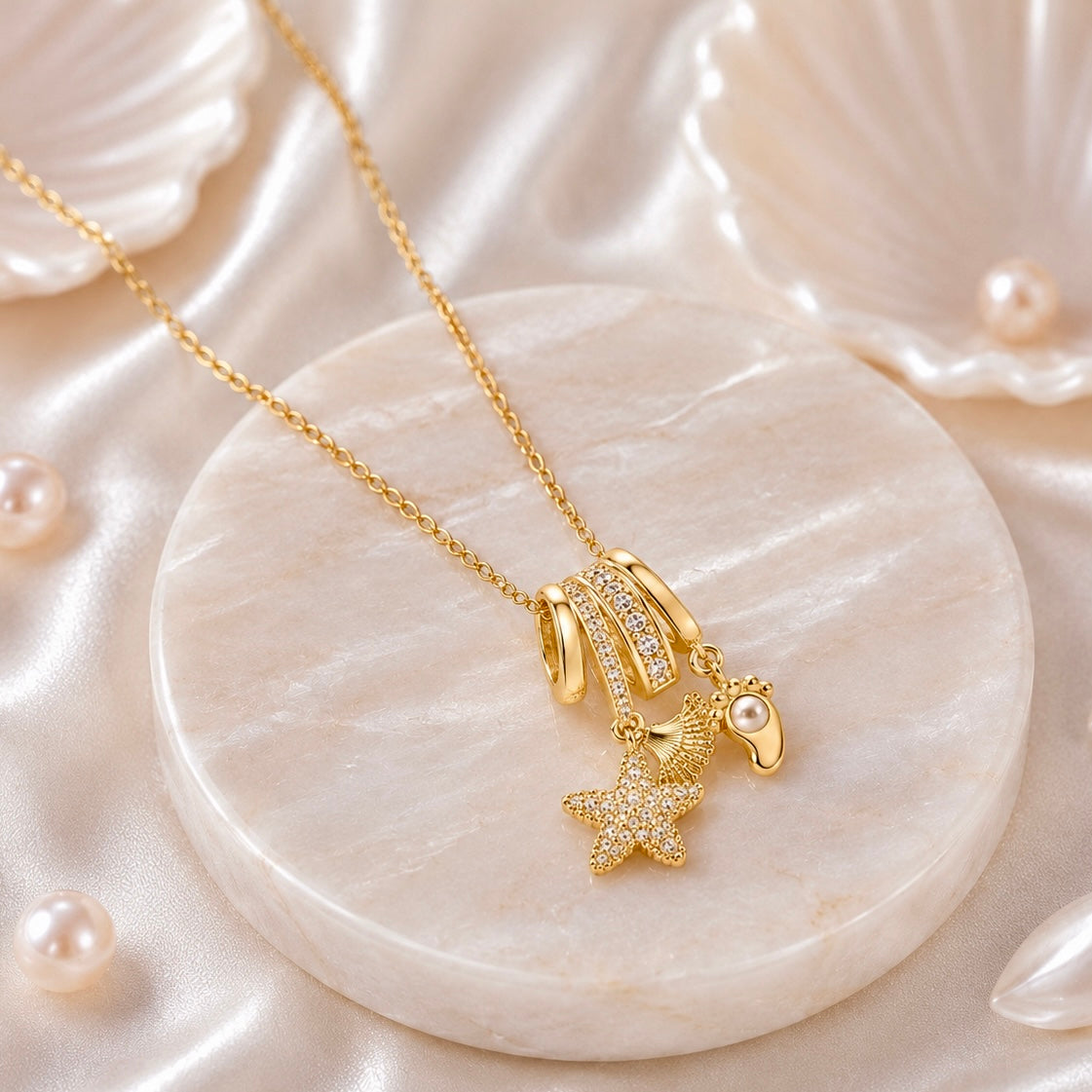 18K Gold Plated Starfish Charm Pendant Necklace | Anti Tarnish AD Stone Necklace