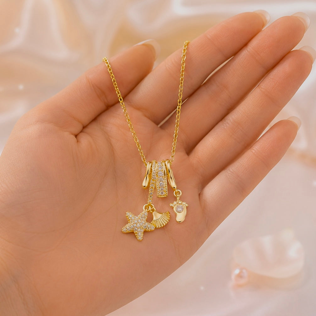 18K Gold Plated Starfish Charm Pendant Necklace | Anti Tarnish AD Stone Necklace