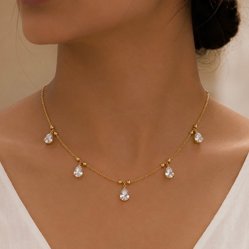 Micro Gold-Plated CZ Drop Necklace | Premium Cubic Zirconia AD Stones Tear Drop Neck Chain