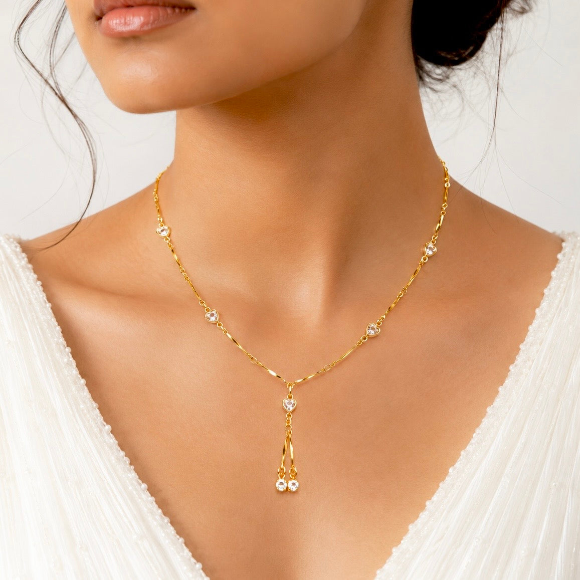 Micro Gold-Plated Heart AD CZ Drop Necklace | Premium Cubic Zirconia AD Neck Chain