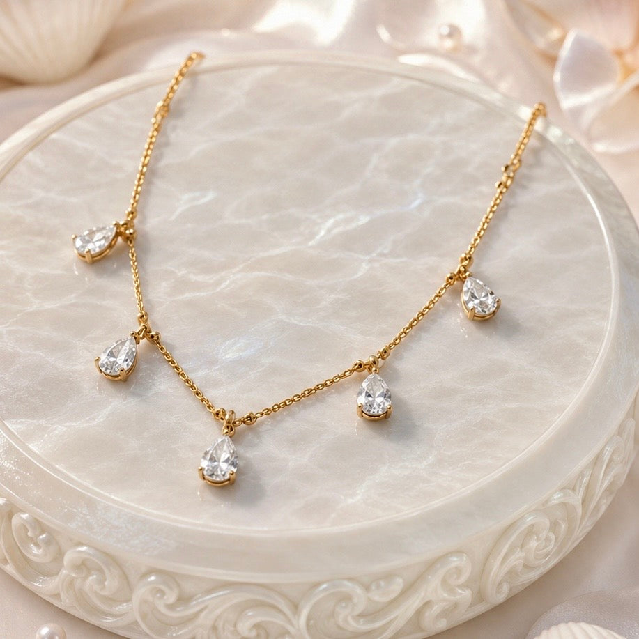 Micro Gold-Plated CZ Drop Necklace | Premium Cubic Zirconia AD Stones Tear Drop Neck Chain