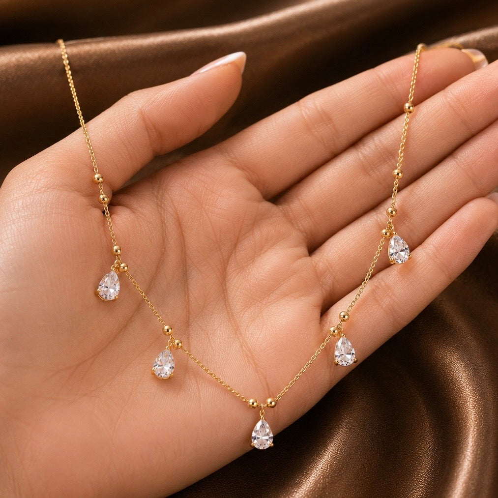 Micro Gold-Plated CZ Drop Necklace | Premium Cubic Zirconia AD Stones Tear Drop Neck Chain