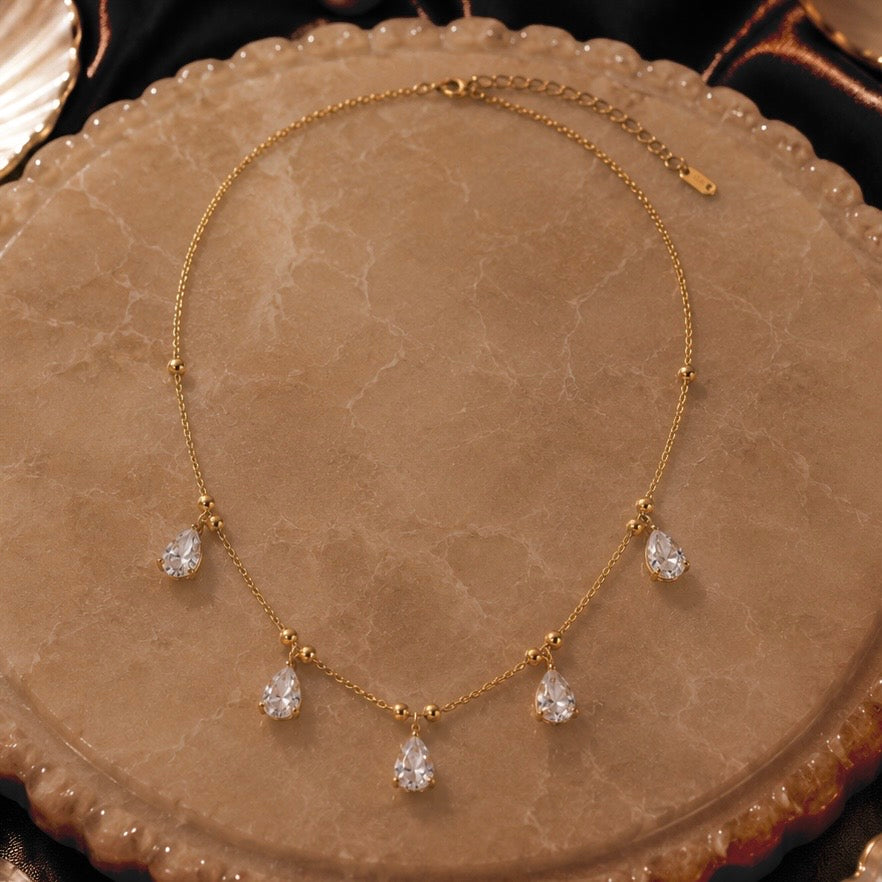 Micro Gold-Plated CZ Drop Necklace | Premium Cubic Zirconia AD Stones Tear Drop Neck Chain