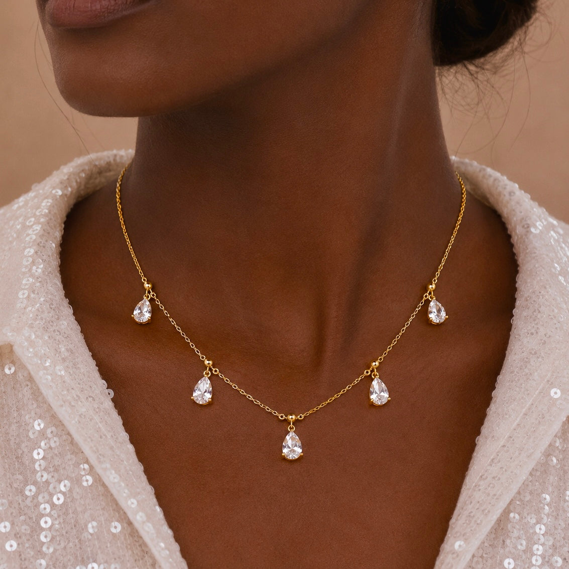 Micro Gold-Plated CZ Drop Necklace | Premium Cubic Zirconia AD Stones Tear Drop Neck Chain