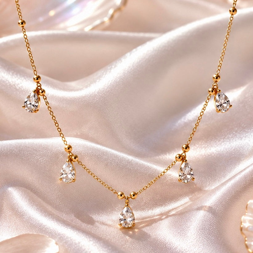 Micro Gold-Plated CZ Drop Necklace | Premium Cubic Zirconia AD Stones Tear Drop Neck Chain