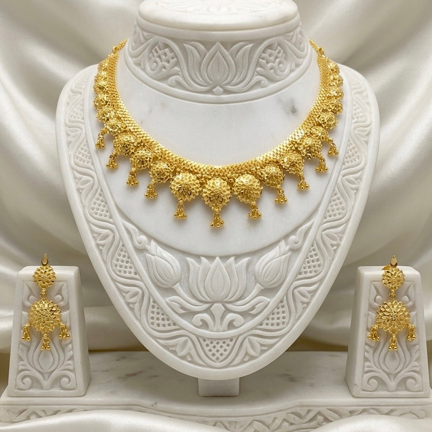 Micro Plated Dubai Gold Floral Drop Necklace Set